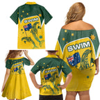 Australia National Swimming Family Matching Off Shoulder Short Dress and Hawaiian Shirt Tribal Dolphin Indigenous Pattern Art