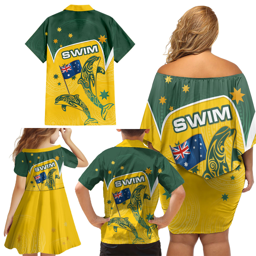 Australia National Swimming Family Matching Off Shoulder Short Dress and Hawaiian Shirt Tribal Dolphin Indigenous Pattern Art
