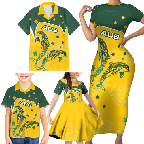 Australia National Swimming Family Matching Short Sleeve Bodycon Dress and Hawaiian Shirt Tribal Dolphin Indigenous Pattern Art