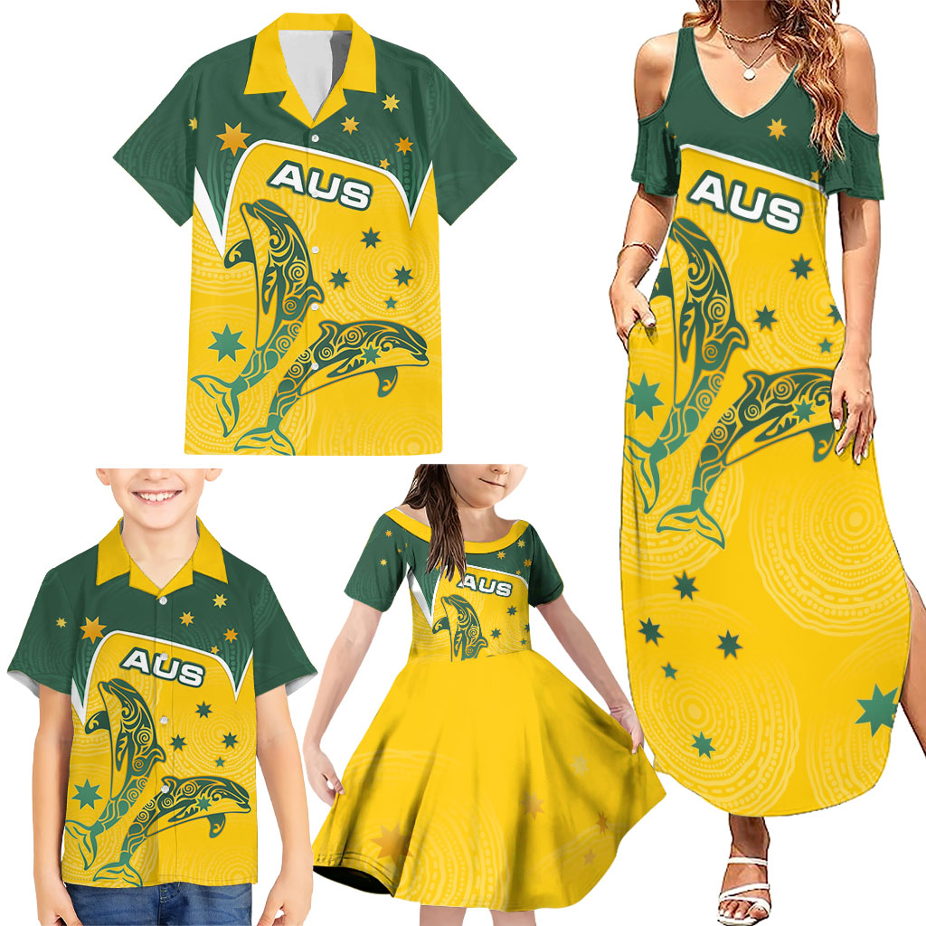 Australia National Swimming Family Matching Summer Maxi Dress and Hawaiian Shirt Tribal Dolphin Indigenous Pattern Art
