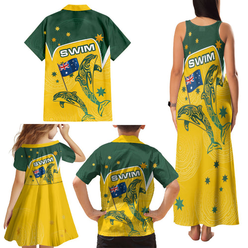 Australia National Swimming Family Matching Tank Maxi Dress and Hawaiian Shirt Tribal Dolphin Indigenous Pattern Art