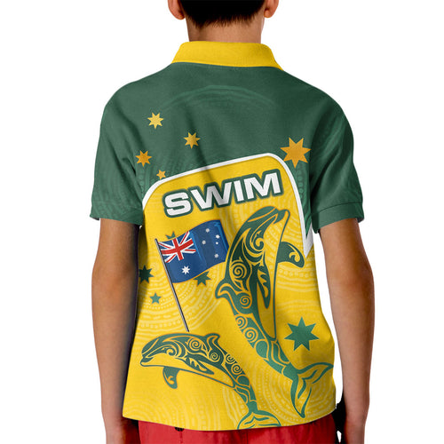 Australia National Swimming Kid Polo Shirt Tribal Dolphin Indigenous Pattern Art