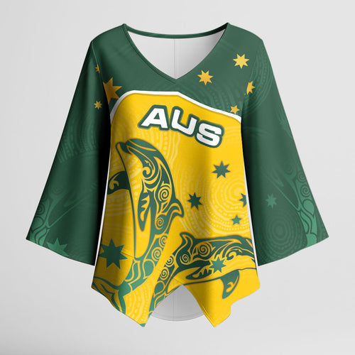 Australia National Swimming Kimono Sleeve Blouse Tribal Dolphin Indigenous Pattern Art