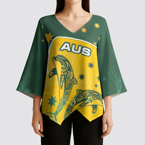 Australia National Swimming Kimono Sleeve Blouse Tribal Dolphin Indigenous Pattern Art
