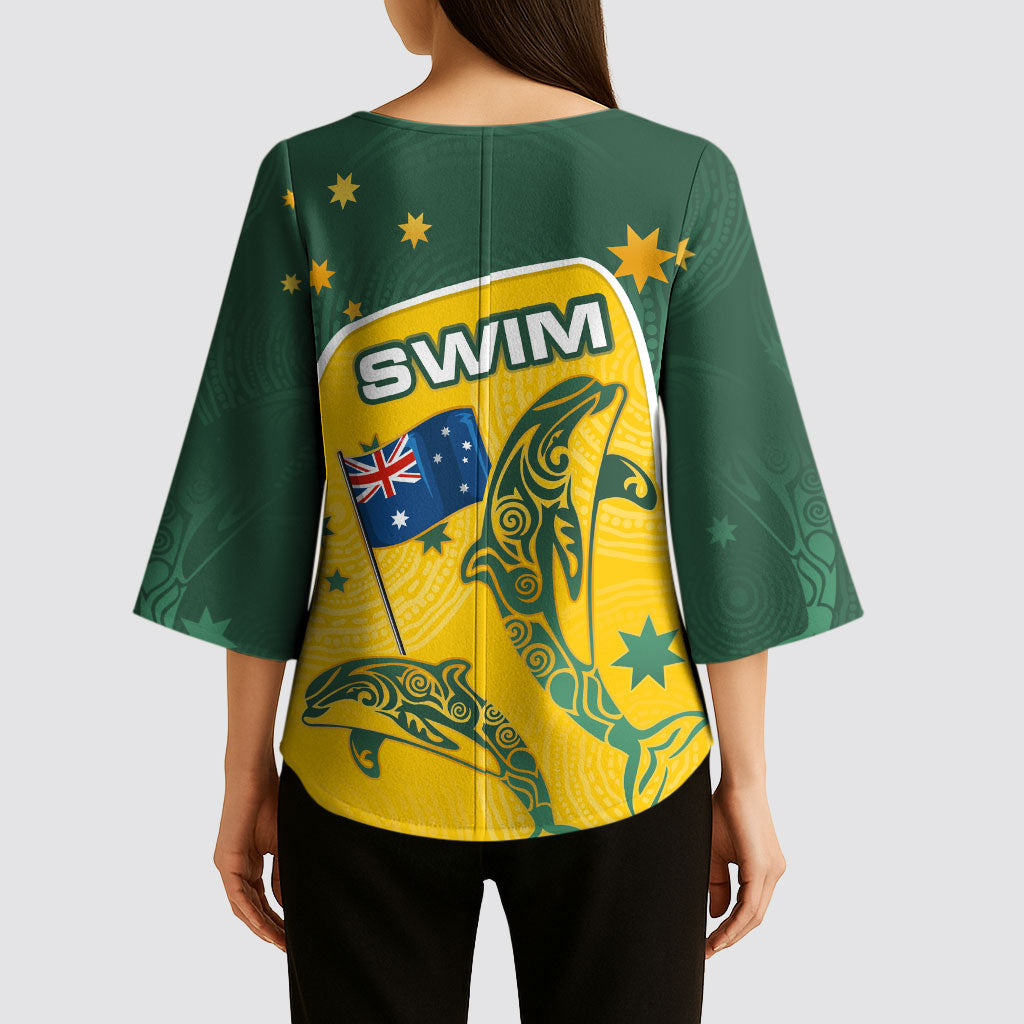 Australia National Swimming Kimono Sleeve Blouse Tribal Dolphin Indigenous Pattern Art