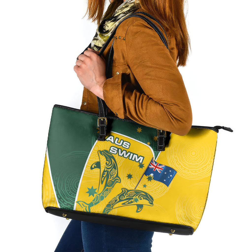Australia National Swimming Leather Tote Bag Tribal Dolphin Indigenous Pattern Art