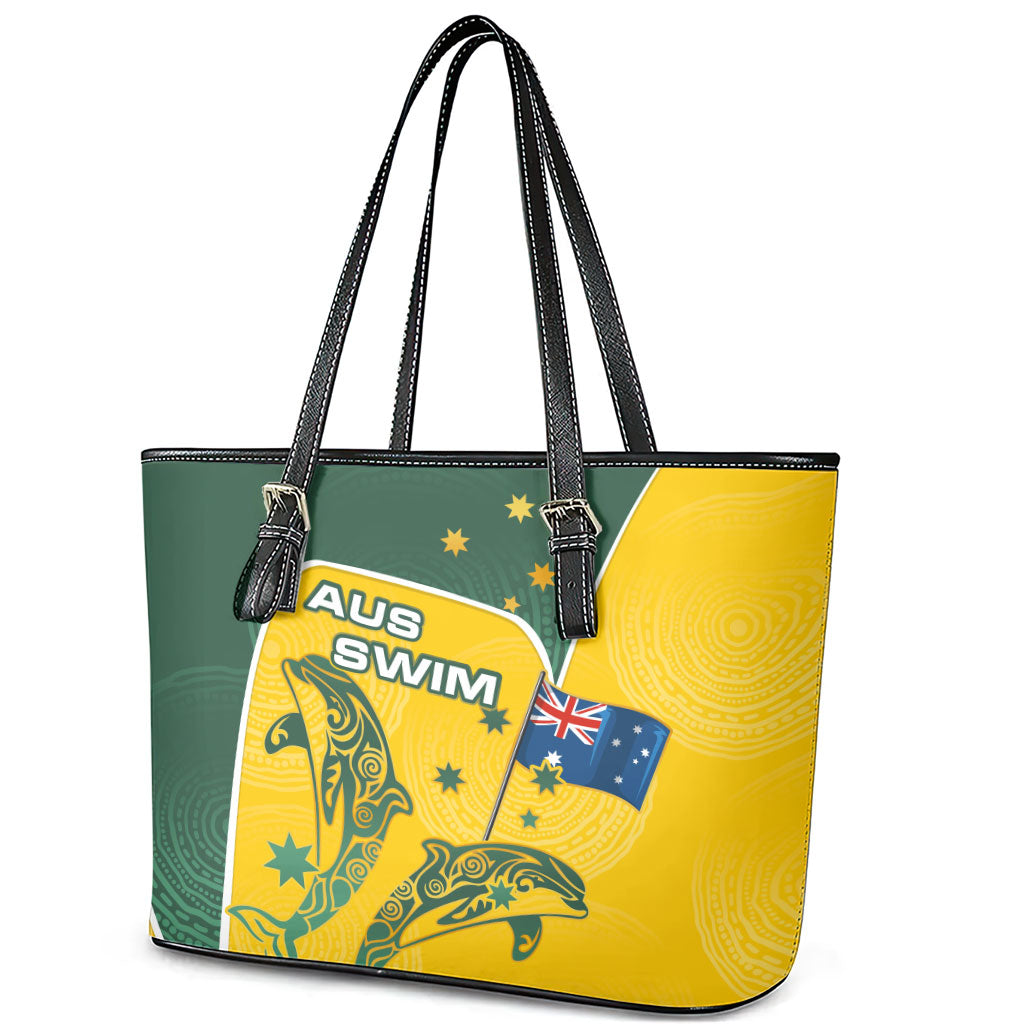 Australia National Swimming Leather Tote Bag Tribal Dolphin Indigenous Pattern Art
