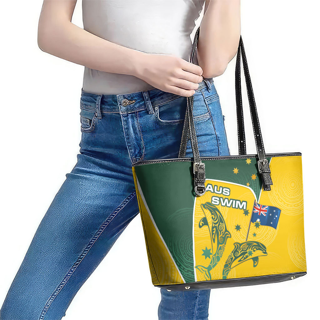 Australia National Swimming Leather Tote Bag Tribal Dolphin Indigenous Pattern Art