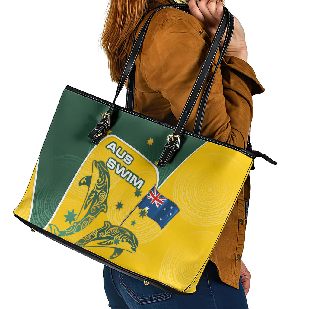 Australia National Swimming Leather Tote Bag Tribal Dolphin Indigenous Pattern Art