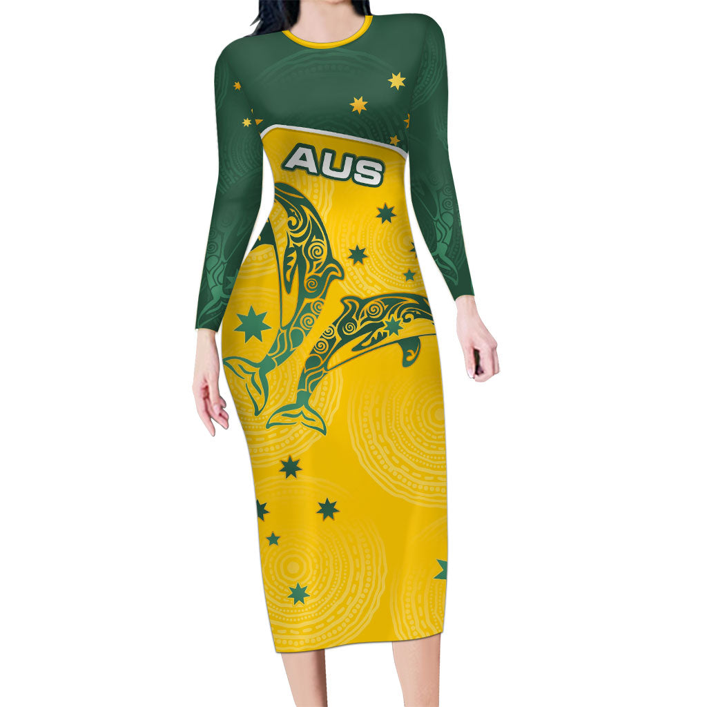 Australia National Swimming Long Sleeve Bodycon Dress Tribal Dolphin Indigenous Pattern Art