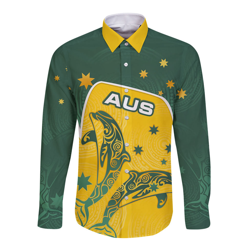 Australia National Swimming Long Sleeve Button Shirt Tribal Dolphin Indigenous Pattern Art