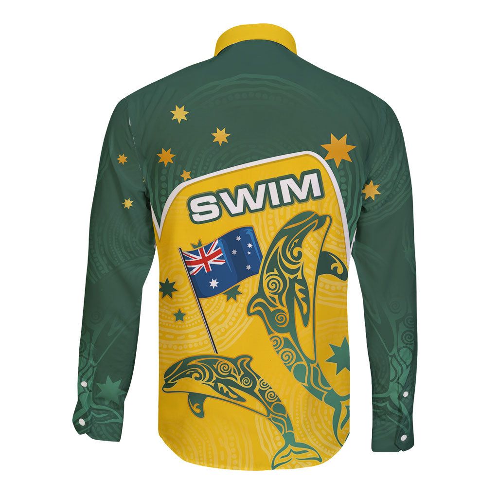 Australia National Swimming Long Sleeve Button Shirt Tribal Dolphin Indigenous Pattern Art