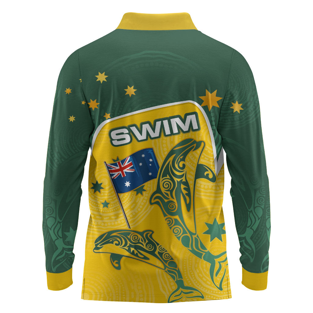Australia National Swimming Long Sleeve Polo Shirt Tribal Dolphin Indigenous Pattern Art