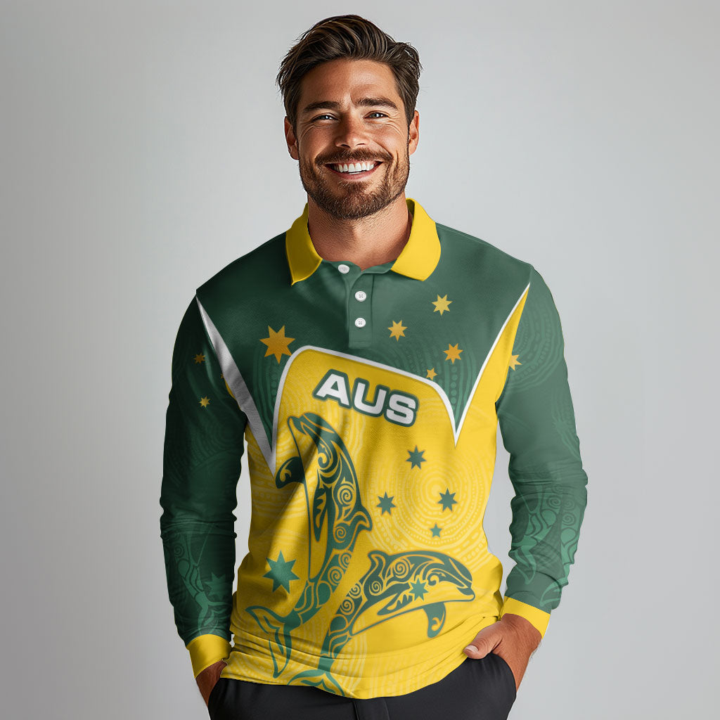 Australia National Swimming Long Sleeve Polo Shirt Tribal Dolphin Indigenous Pattern Art