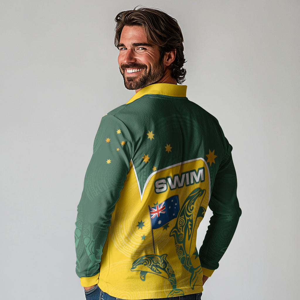 Australia National Swimming Long Sleeve Polo Shirt Tribal Dolphin Indigenous Pattern Art