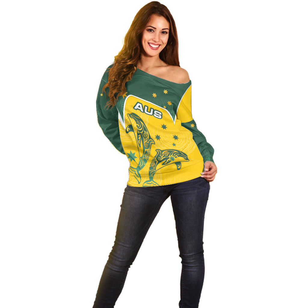 Australia National Swimming Off Shoulder Sweater Tribal Dolphin Indigenous Pattern Art