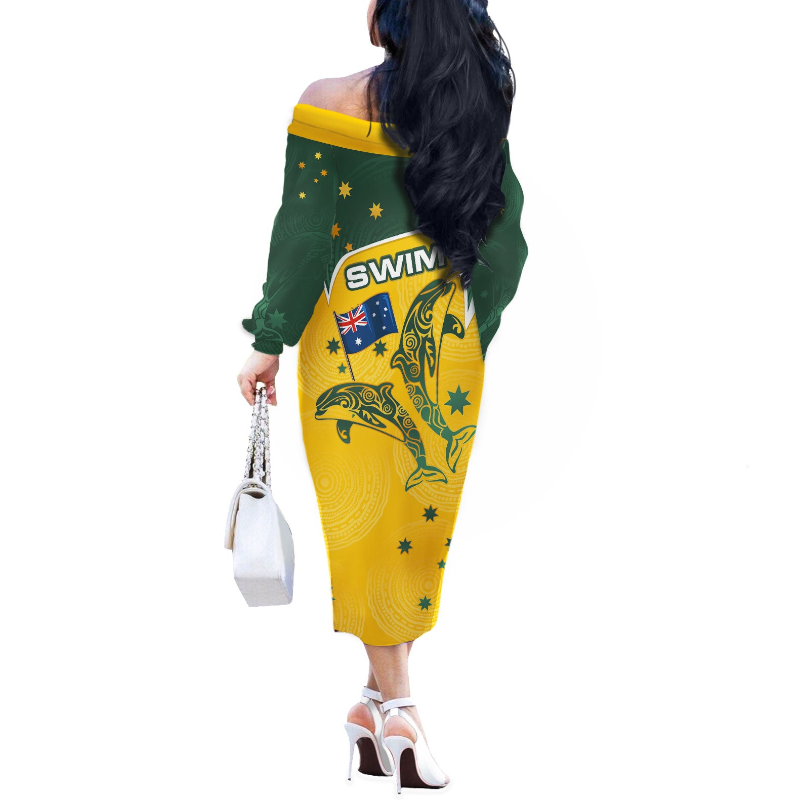 Australia National Swimming Off The Shoulder Long Sleeve Dress Tribal Dolphin Indigenous Pattern Art