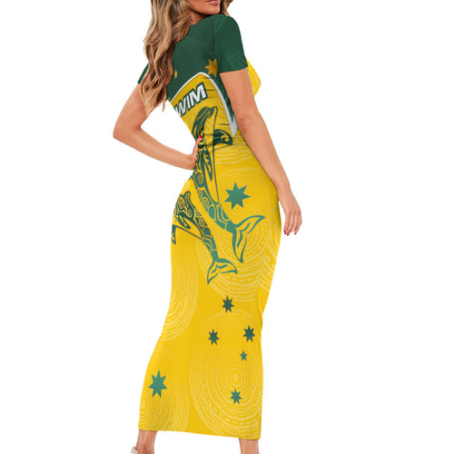 Australia National Swimming Short Sleeve Bodycon Dress Tribal Dolphin Indigenous Pattern Art