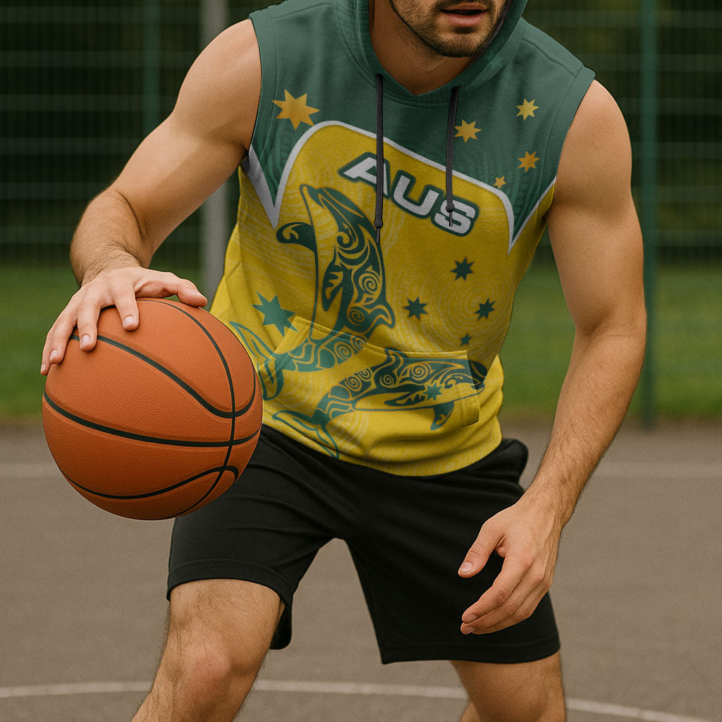 Australia National Swimming Sleeveless Hoodie Tribal Dolphin Indigenous Pattern Art
