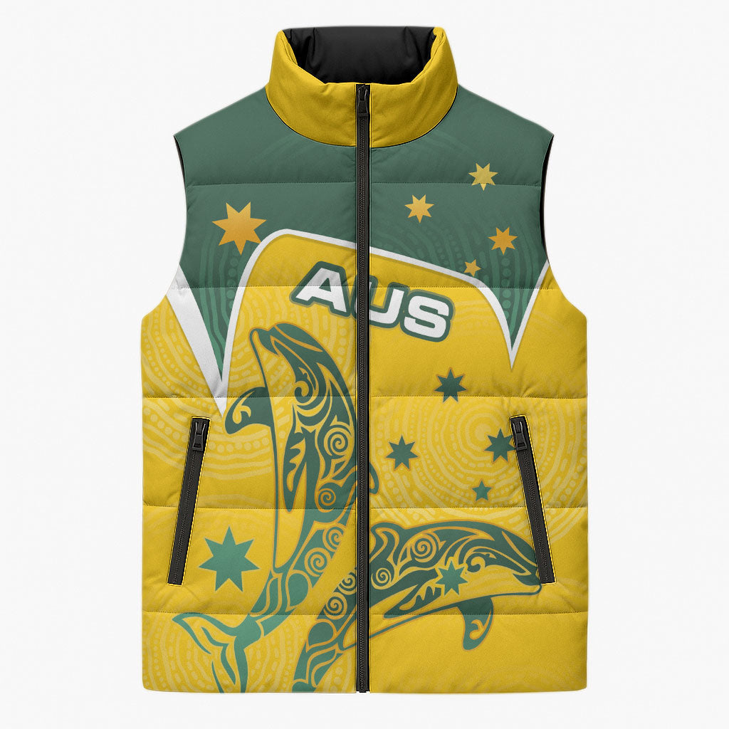 Australia National Swimming Sleeveless Puffer Jacket Tribal Dolphin Indigenous Pattern Art