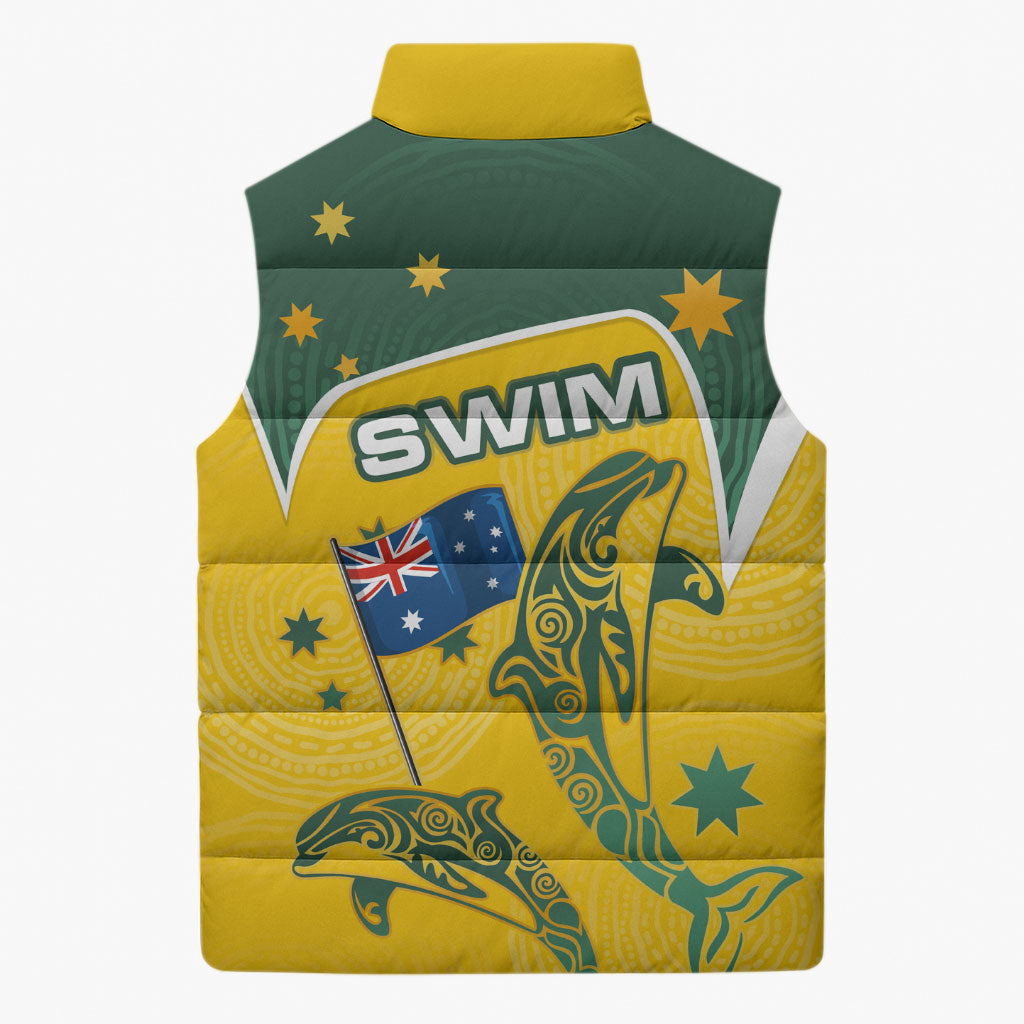 Australia National Swimming Sleeveless Puffer Jacket Tribal Dolphin Indigenous Pattern Art