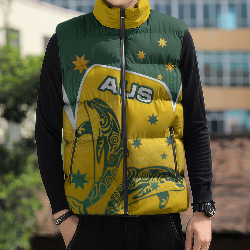 Australia National Swimming Sleeveless Puffer Jacket Tribal Dolphin Indigenous Pattern Art