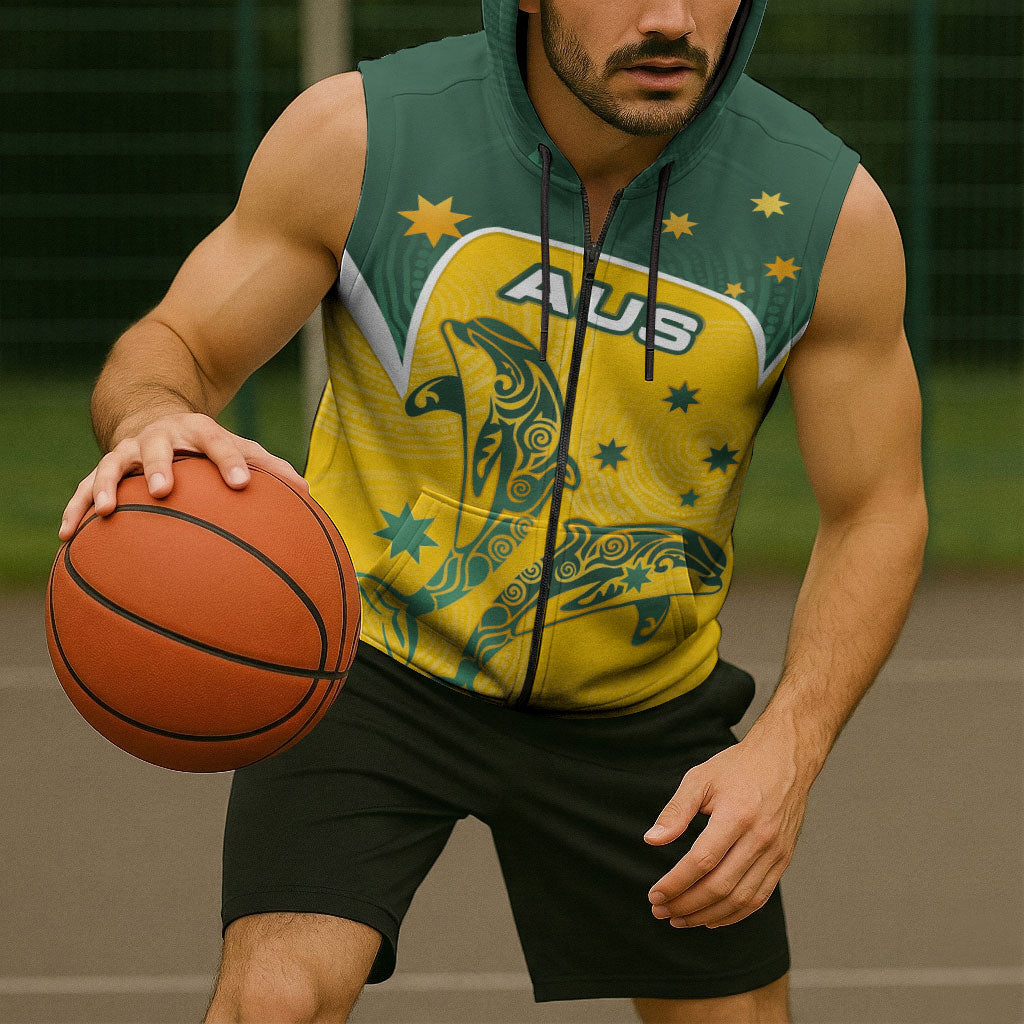 Australia National Swimming Sleeveless Zip Hoodie Tribal Dolphin Indigenous Pattern Art