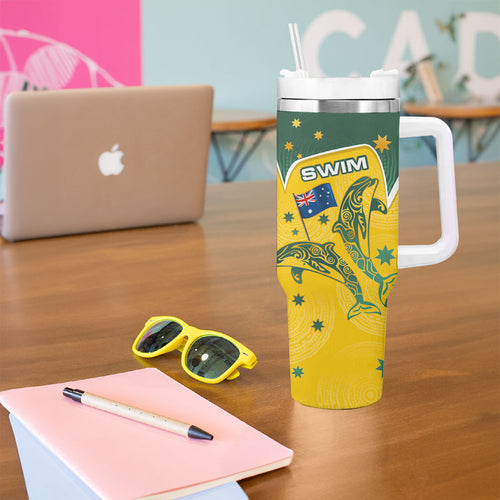 Australia National Swimming Tumbler With Handle Tribal Dolphin Indigenous Pattern Art