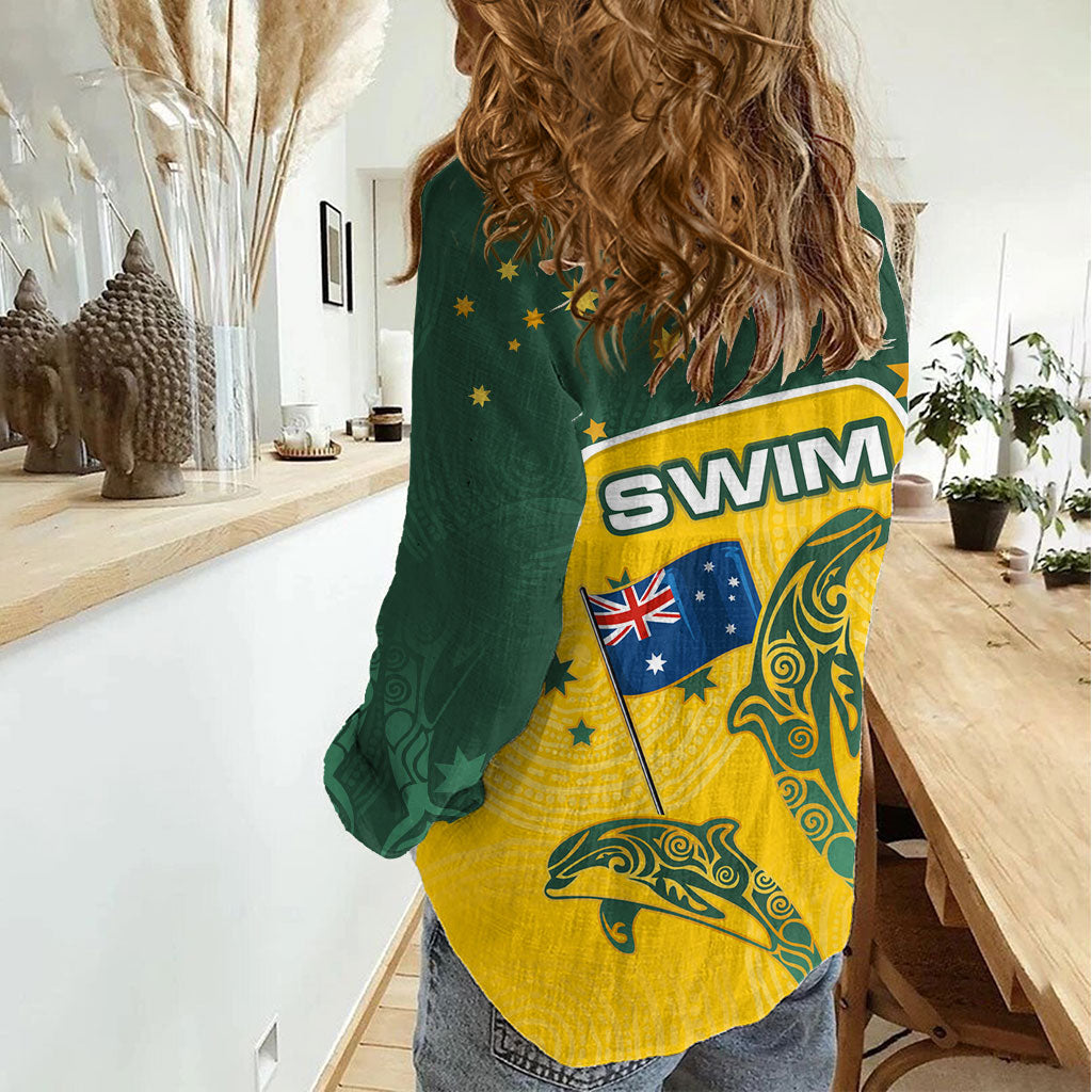 Australia National Swimming Women Casual Shirt Tribal Dolphin Indigenous Pattern Art