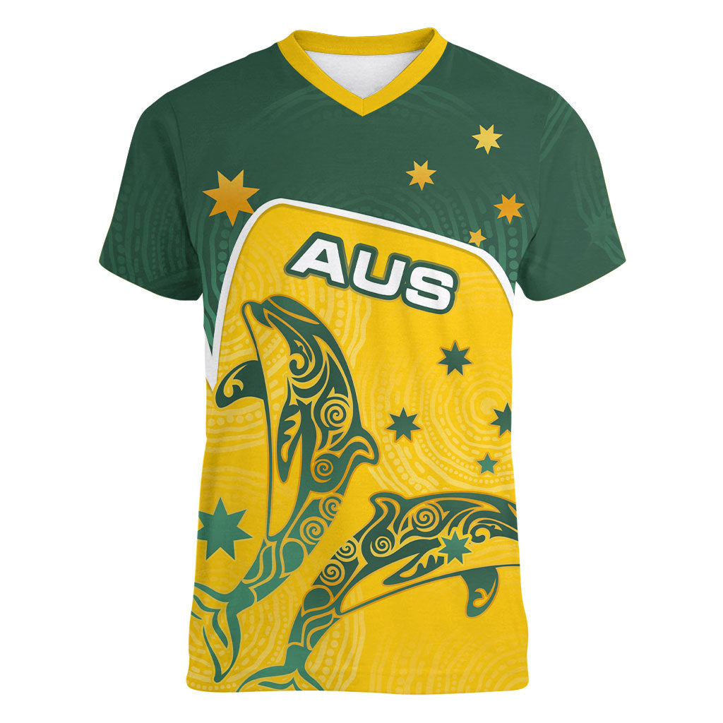 Australia National Swimming Women V-Neck T-Shirt Tribal Dolphin Indigenous Pattern Art