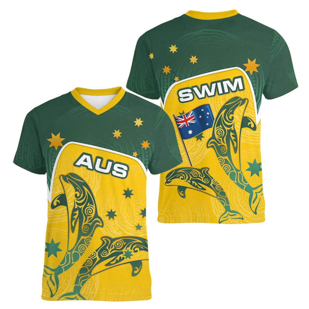 Australia National Swimming Women V-Neck T-Shirt Tribal Dolphin Indigenous Pattern Art
