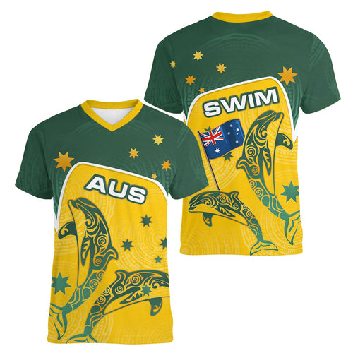 Australia National Swimming Women V-Neck T-Shirt Tribal Dolphin Indigenous Pattern Art