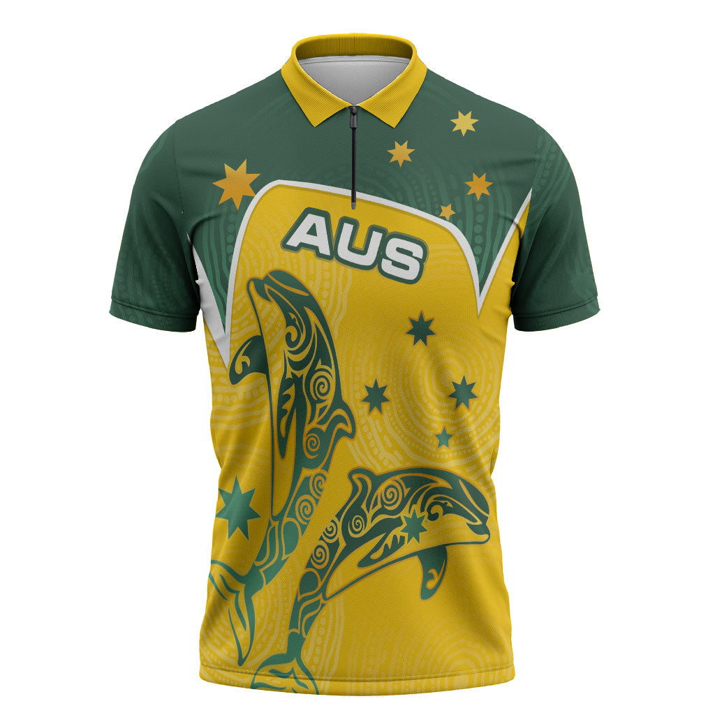 Australia National Swimming Zipper Polo Shirt Tribal Dolphin Indigenous Pattern Art