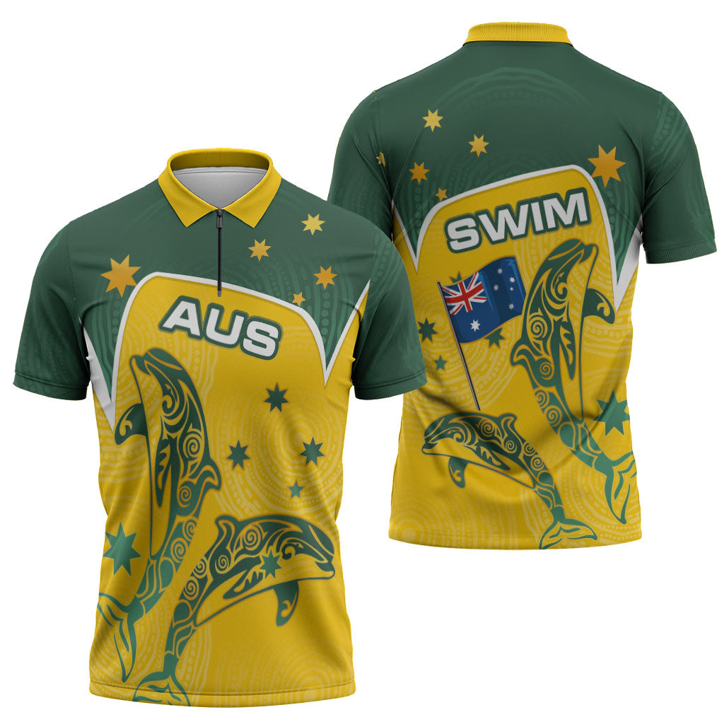 Australia National Swimming Zipper Polo Shirt Tribal Dolphin Indigenous Pattern Art