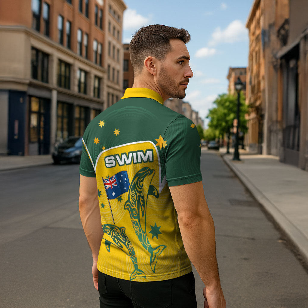 Australia National Swimming Zipper Polo Shirt Tribal Dolphin Indigenous Pattern Art