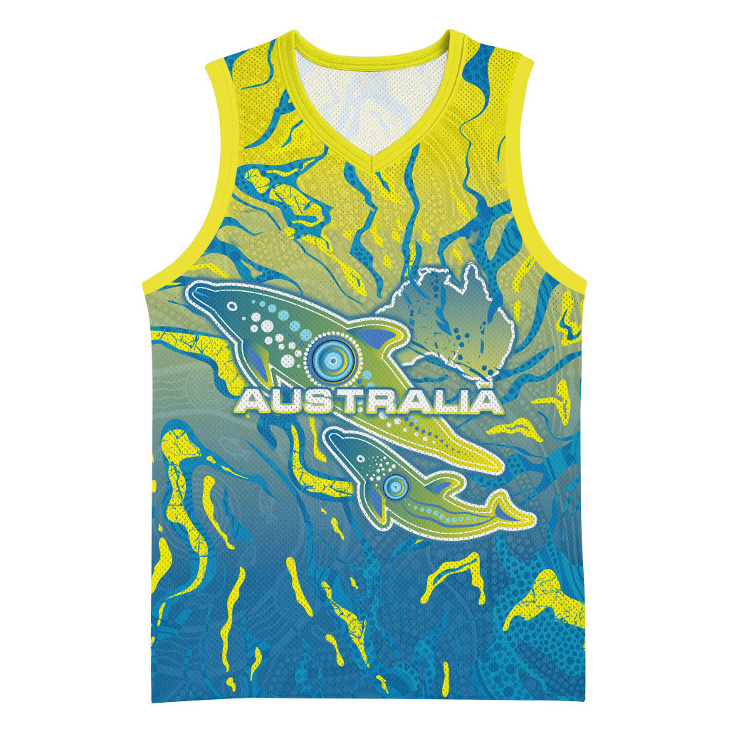 Australia National Swimming Team Basketball Jersey Aboriginal Shark Dot Pattern Ocean Art
