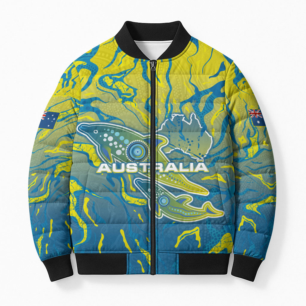 Australia National Swimming Team Bomber Puffer Jacket Aboriginal Shark Dot Pattern Ocean Art