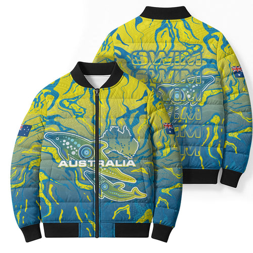 Australia National Swimming Team Bomber Puffer Jacket Aboriginal Shark Dot Pattern Ocean Art