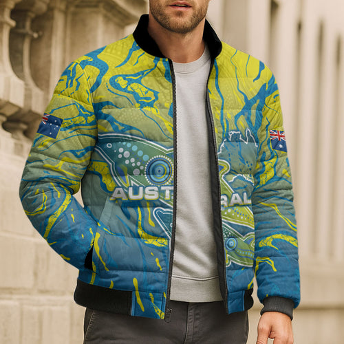 Australia National Swimming Team Bomber Puffer Jacket Aboriginal Shark Dot Pattern Ocean Art