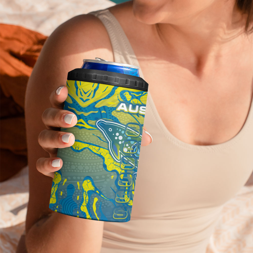 Australia National Swimming Team 4 in 1 Can Cooler Tumbler Aboriginal Shark Dot Pattern Ocean Art