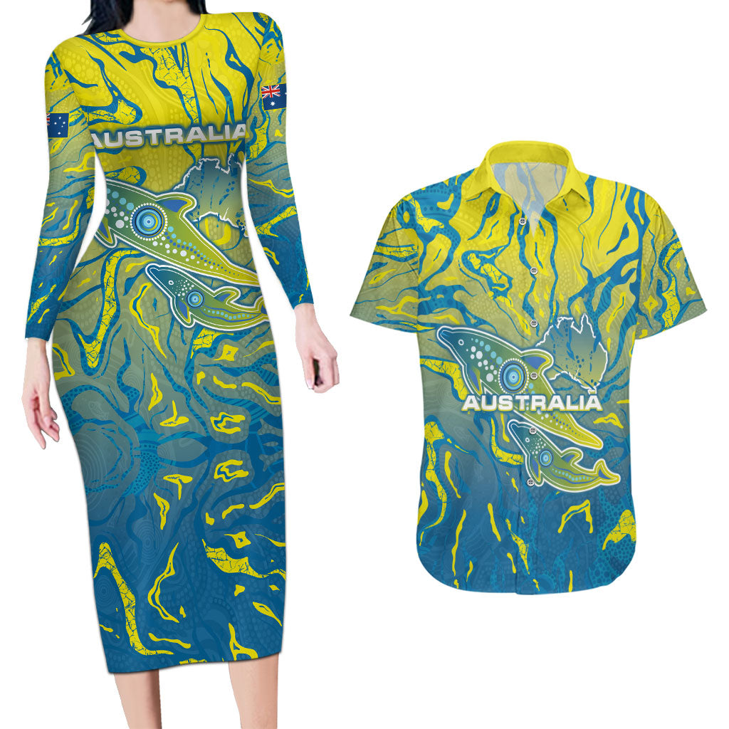 Australia National Swimming Team Couples Matching Long Sleeve Bodycon Dress and Hawaiian Shirt Aboriginal Shark Dot Pattern Ocean Art