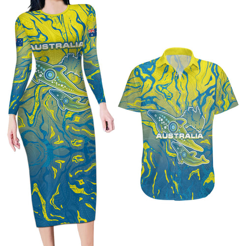 Australia National Swimming Team Couples Matching Long Sleeve Bodycon Dress and Hawaiian Shirt Aboriginal Shark Dot Pattern Ocean Art