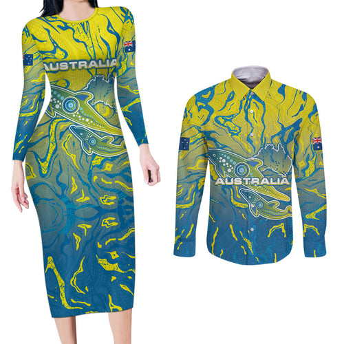 Australia National Swimming Team Couples Matching Long Sleeve Bodycon Dress and Long Sleeve Button Shirt Aboriginal Shark Dot Pattern Ocean Art
