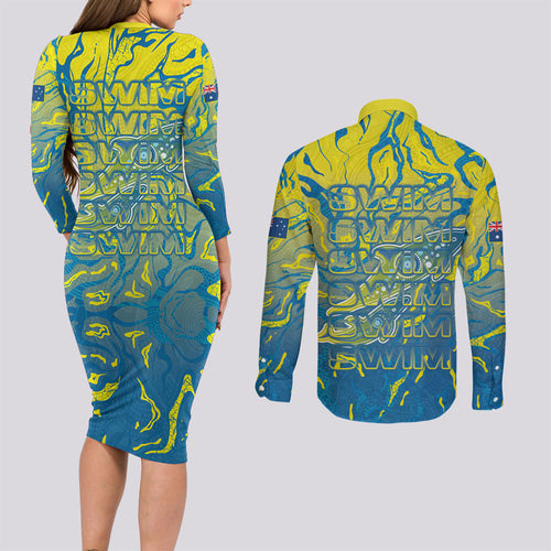 Australia National Swimming Team Couples Matching Long Sleeve Bodycon Dress and Long Sleeve Button Shirt Aboriginal Shark Dot Pattern Ocean Art