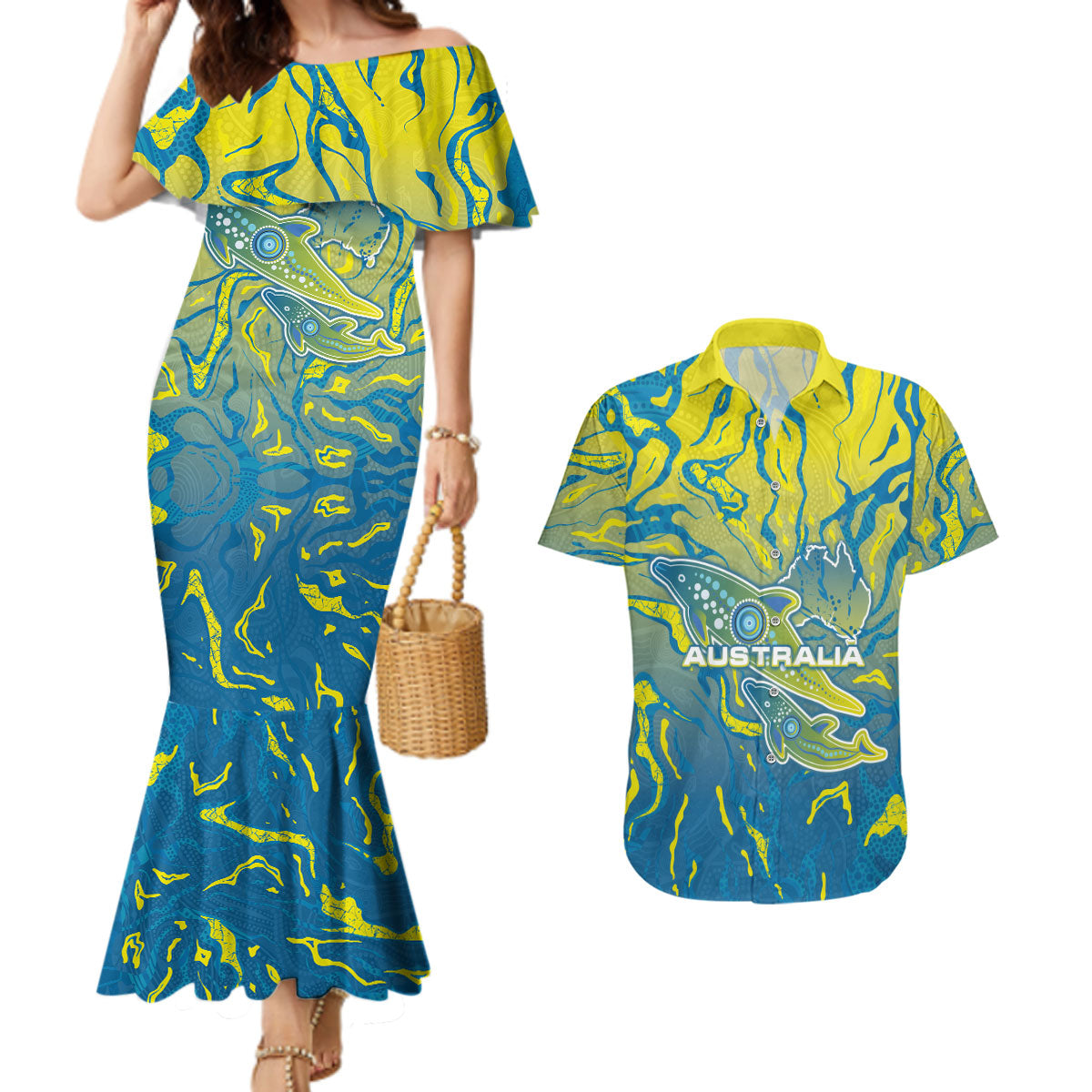 Australia National Swimming Team Couples Matching Mermaid Dress and Hawaiian Shirt Aboriginal Shark Dot Pattern Ocean Art