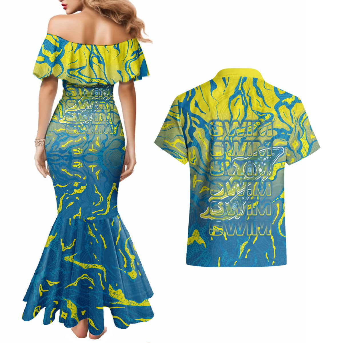Australia National Swimming Team Couples Matching Mermaid Dress and Hawaiian Shirt Aboriginal Shark Dot Pattern Ocean Art