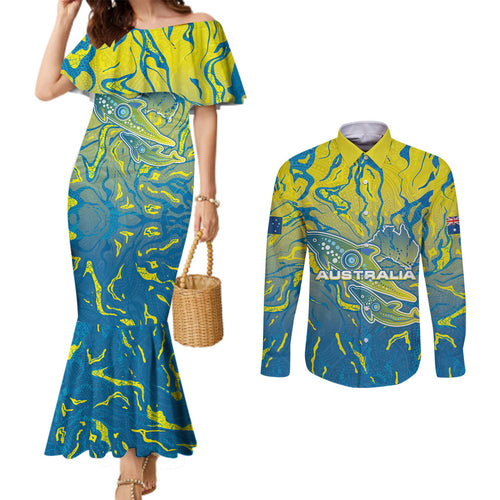 Australia National Swimming Team Couples Matching Mermaid Dress and Long Sleeve Button Shirt Aboriginal Shark Dot Pattern Ocean Art