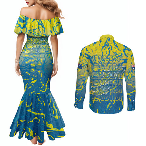 Australia National Swimming Team Couples Matching Mermaid Dress and Long Sleeve Button Shirt Aboriginal Shark Dot Pattern Ocean Art