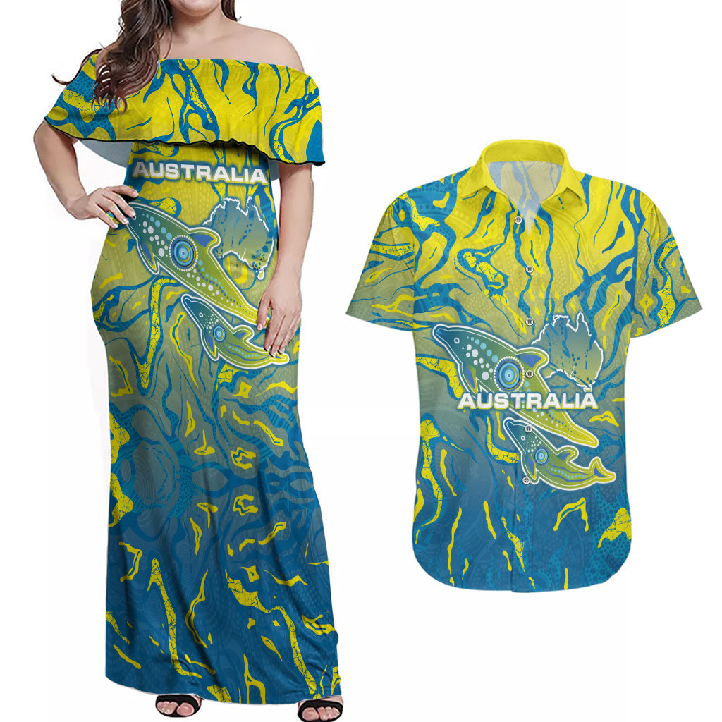 Australia National Swimming Team Couples Matching Off Shoulder Maxi Dress and Hawaiian Shirt Aboriginal Shark Dot Pattern Ocean Art