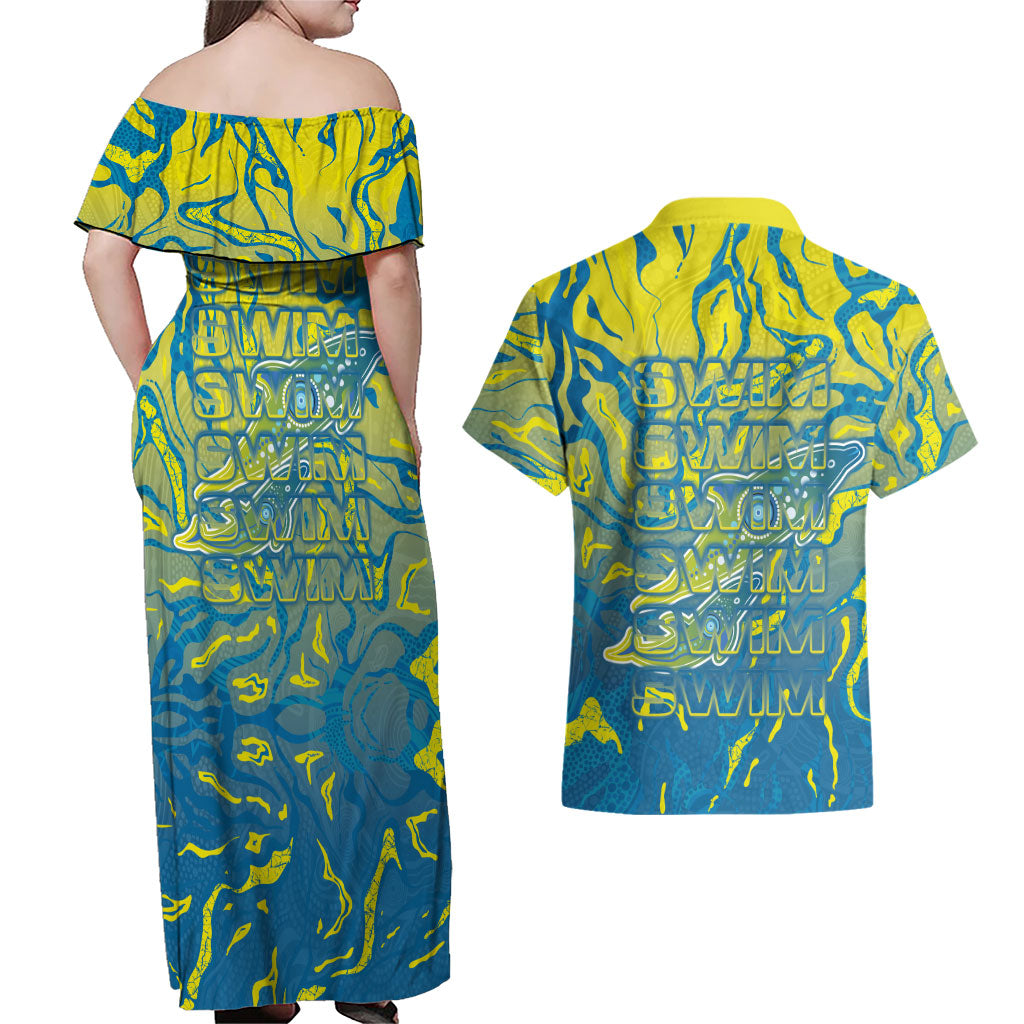 Australia National Swimming Team Couples Matching Off Shoulder Maxi Dress and Hawaiian Shirt Aboriginal Shark Dot Pattern Ocean Art